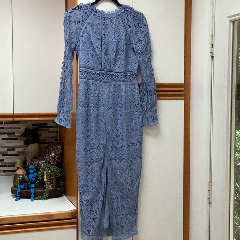 ASOS Blue Long Sleeve Pencil Dress in Lace Geo Lace Trim - Picture 4 of 6